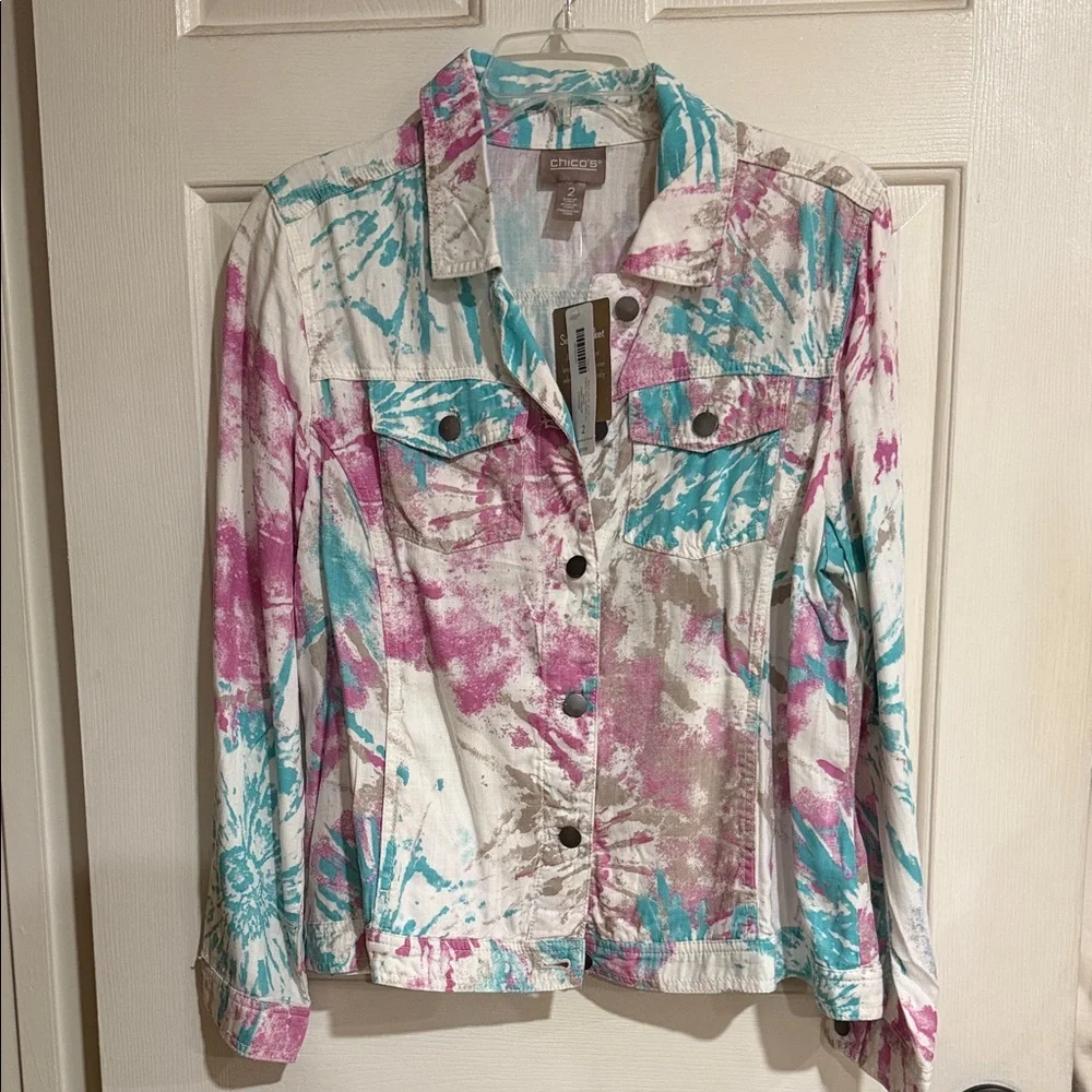 Chico's Pink and Blue Tie-Dye Jean Jacket - Picture 1 of 3